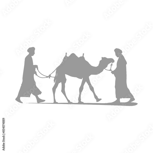 silhouette muslim men walking leading tied camels black color only
