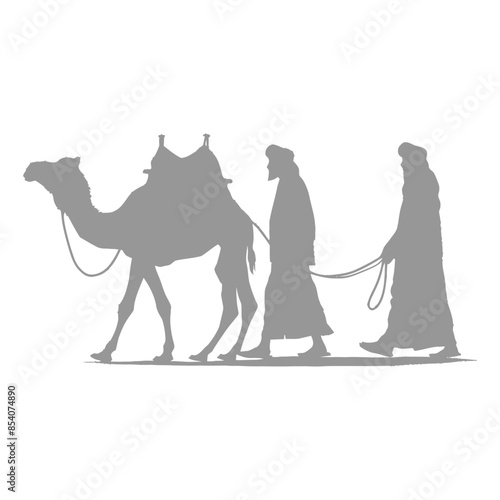 silhouette muslim men walking leading tied camels black color only