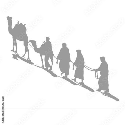 silhouette muslim men walking leading tied camels black color only