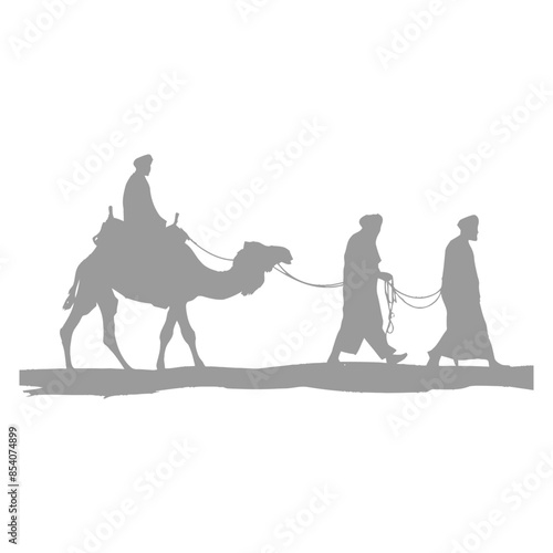 silhouette muslim men walking leading tied camels black color only