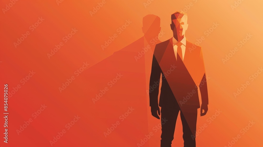 A person in a suit stands against an orange background with geometric shadows. The scene is abstract with a focus on warm colors and shapes. A person in a suit stands against an orange background with geometric shadows. The scene is abstract with a focus on warm colors and shapes.