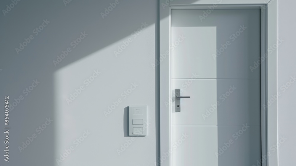 Modern white door with chrome handle and switch, minimalist design Modern white door with chrome handle and switch, minimalist design