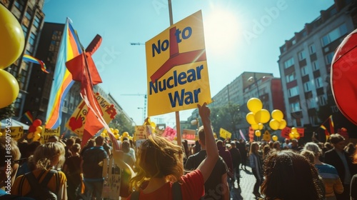 Rally against nuclear war in urban setting photo