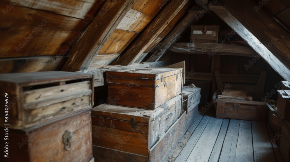 Old wooden attic with storage boxes, close-up Old wooden attic with storage boxes, close-up