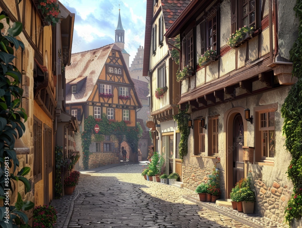 Fototapeta premium Charming Street in Rothenburg ob der Tauber, Picturesque European Cityscape During Sunset