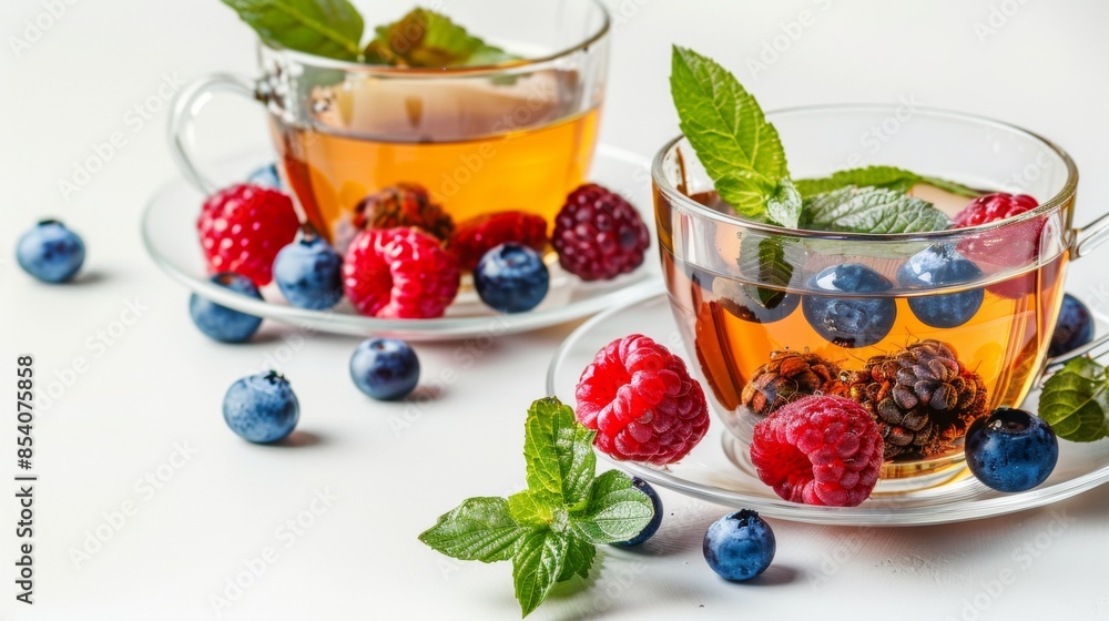 Raspberries and blackberries tea with fresh berries on white background Raspberries and blackberries tea with fresh berries on white background
