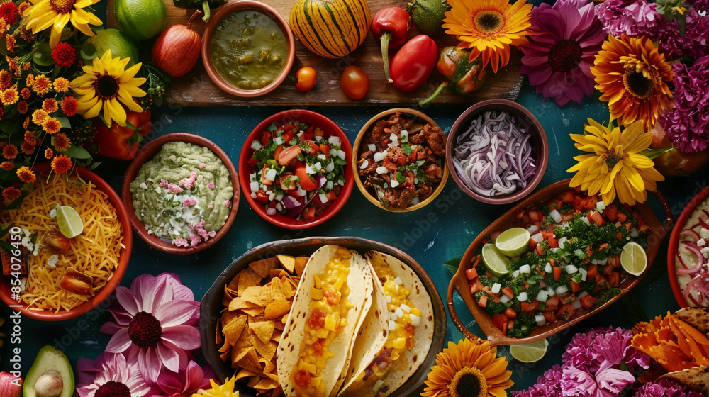 Overhead shot of a vibrant Mexican fiesta table, with bowls of pozole, tostadas, and ceviche, surrounded by a floral arrangement of bougainvillea and sunflowers.