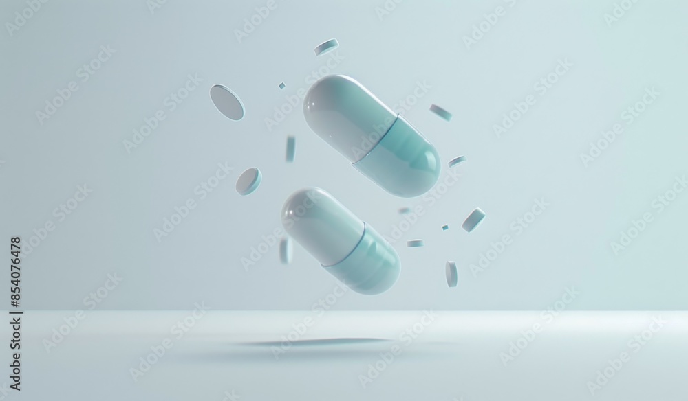 3D animation in the style of a white and light blue pill capsule falling through the air against a light background.