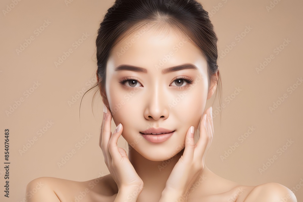 Portrait of beautiful woman with natural make up touching her face. Beauty young woman with fresh clean perfect skin. Skin care concept. Cosmetology, beauty and spa. Facial treatment. Portrait of beautiful woman with natural make up touching her face. Beauty young woman with fresh clean perfect skin. Skin care concept. Cosmetology, beauty and spa. Facial treatment.