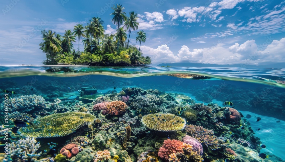 A beautiful blue ocean with a coral reef and palm trees in the background. Generate AI image A beautiful blue ocean with a coral reef and palm trees in the background. Generate AI image