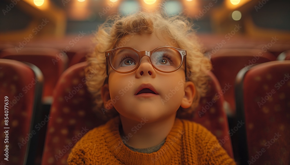A child in a cozy sweater watches a theater show with wide-eyed wonder, their face lit by the stage lights A child in a cozy sweater watches a theater show with wide-eyed wonder, their face lit by the stage lights