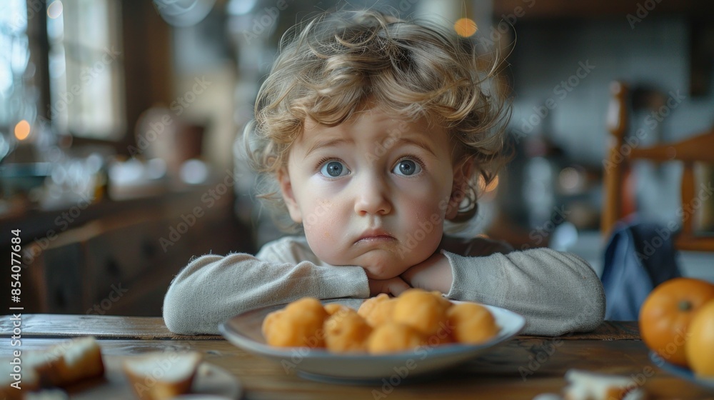 A Caucasian toddler boy with curly hair looks up with wide eyes and a slightly distressed expression, sitting at a dining table with a plate of snacks in front of him. child eating nutrient-poor meal A Caucasian toddler boy with curly hair looks up with wide eyes and a slightly distressed expression, sitting at a dining table with a plate of snacks in front of him. child eating nutrient-poor meal