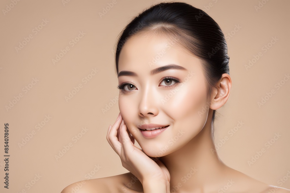 Portrait of beautiful woman with natural make up touching her face. Beauty young woman with fresh clean perfect skin. Skin care concept. Cosmetology, beauty and spa. Facial treatment. Natural skin. Portrait of beautiful woman with natural make up touching her face. Beauty young woman with fresh clean perfect skin. Skin care concept. Cosmetology, beauty and spa. Facial treatment. Natural skin.