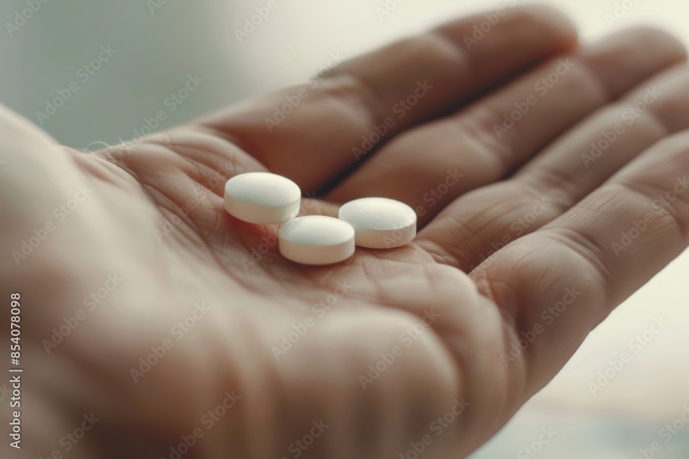 an open palm holding three white pills, with focus on one pill being in the style of an arcade and the other two round in shape. a medical magazine or advertisement an open palm holding three white pills, with focus on one pill being in the style of an arcade and the other two round in shape. a medical magazine or advertisement