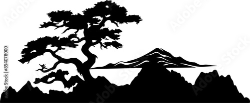 A black vector silhouette of a tree on top of a cliff