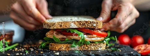  A person closely preps a sandwich on a cutting board Tomatoes and lettuce are positioned beside them photo