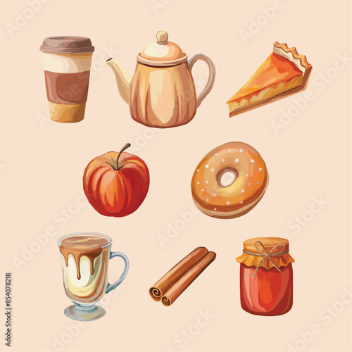 Set of different autumn food and drink in hand drawn style