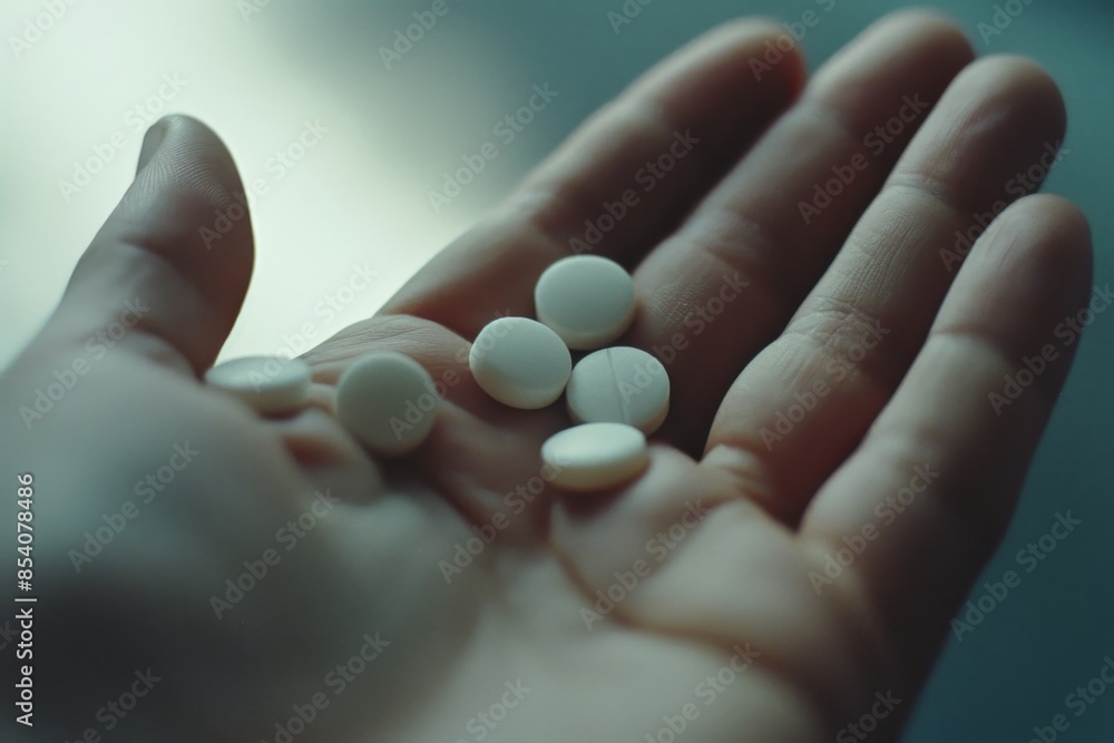 an open palm holding three white pills, with focus on one pill being in the style of an arcade and the other two round in shape. a medical magazine or advertisement an open palm holding three white pills, with focus on one pill being in the style of an arcade and the other two round in shape. a medical magazine or advertisement