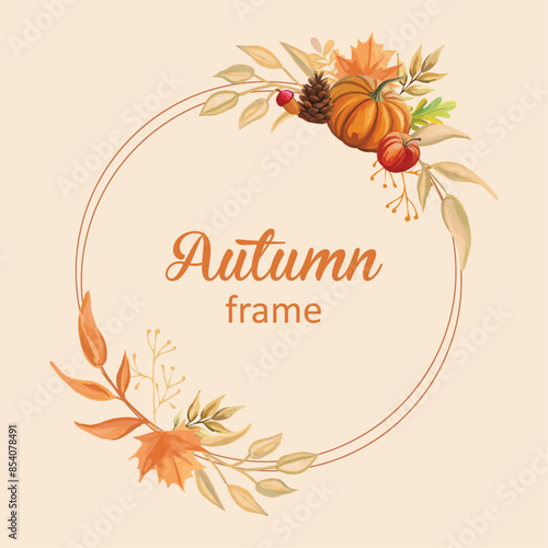 Autumn circular frame Fall elements composition Leaves pumpkin apple