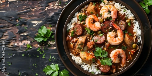 Traditional New Orleans Gumbo with Dark Roux, Chicken, Sausage, Shrimp, and Rice. Concept Cajun Cooking, Southern Cuisine, New Orleans Gumbo Recipe, Comfort Food, Spicy Creole Dish photo