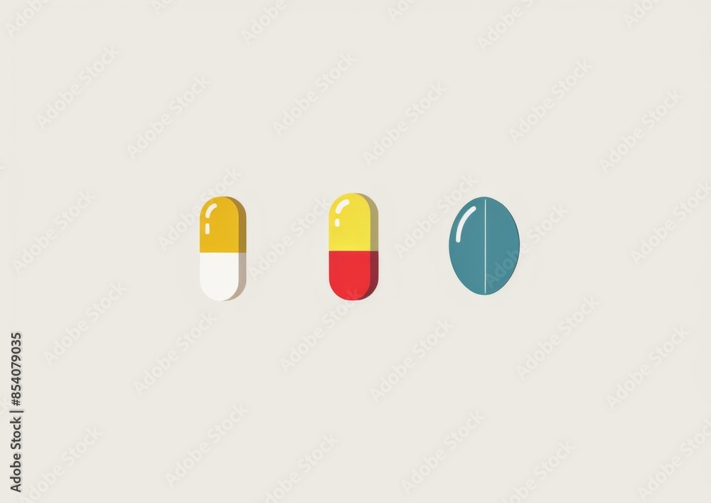 Fototapeta premium A simple flat illustration of three pills: one red and yellow pill, another blue circular pill, and a light green oval-shaped capsule on a white background.
