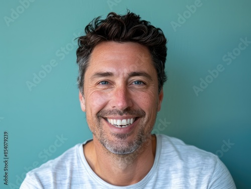 Portrait of a grinning man in his 30s smiling at the camera isolated in pastel teal background photo