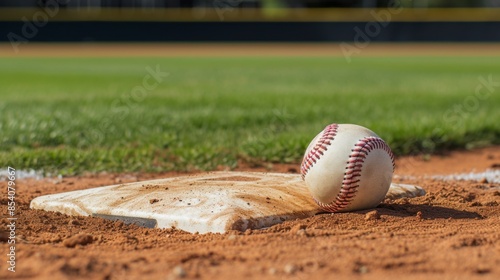 Fototapeta Clean white baseball and base on a baseball field