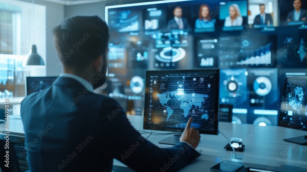 Illustrating executives using AI-enhanced telepresence robots to attend virtual meetings Illustrating executives using AI-enhanced telepresence robots to attend virtual meetings