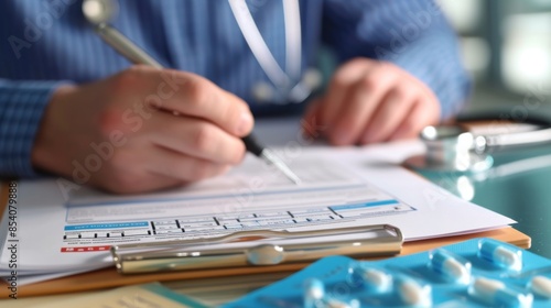 Professional man filling out a work injury claim form with a stethoscope and pills nearby