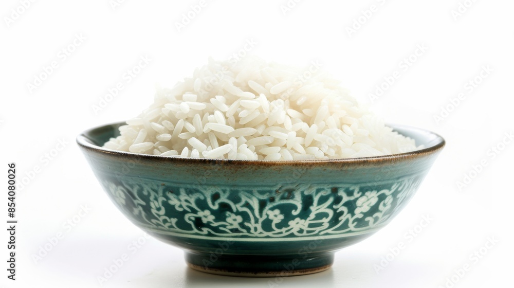 Elegant bowl full of steaming rice, isolated on a white background Elegant bowl full of steaming rice, isolated on a white background