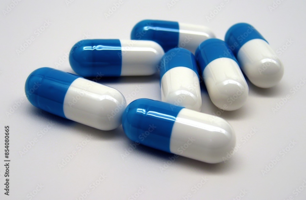 Blue and white capsule pills on a white background Blue and white capsule pills on a white background