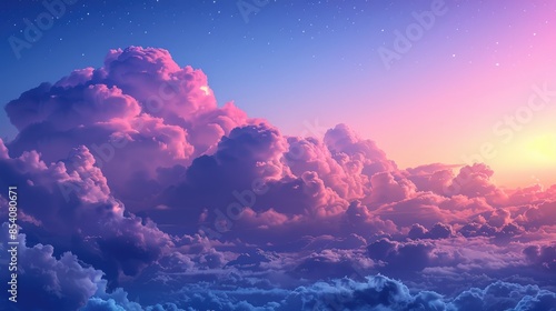 A vibrant sky with fluffy pink and purple clouds at sunset. photo