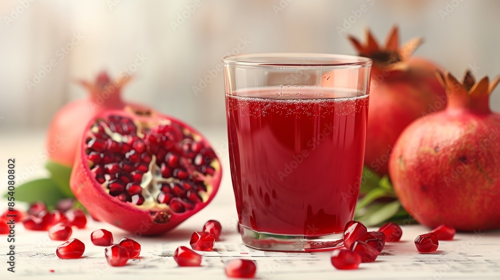 Glass of fresh pomegranate juice with whole and halved pomegranates on a light background, highlighting vibrant color and healthy beverage. Glass of fresh pomegranate juice with whole and halved pomegranates on a light background, highlighting vibrant color and healthy beverage.