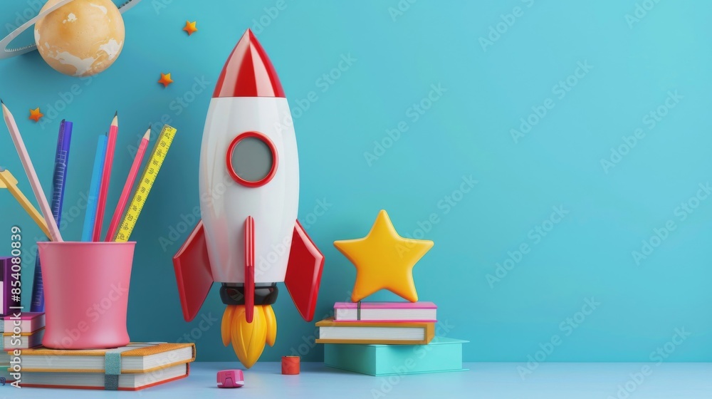 School supplies on a desk on blue background with copy space School supplies on a desk on blue background with copy space