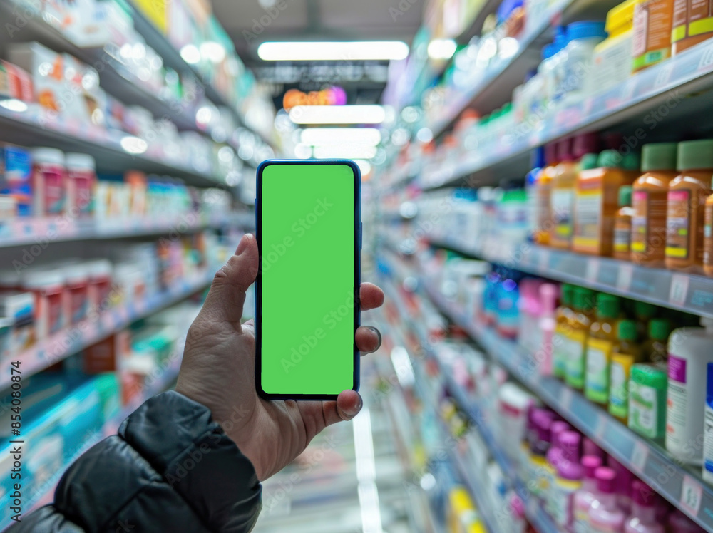 Hand holding a smartphone with a green screen in a tech store, showcasing various electronic gadgets and accessories in a vibrant setting. Hand holding a smartphone with a green screen in a tech store, showcasing various electronic gadgets and accessories in a vibrant setting.