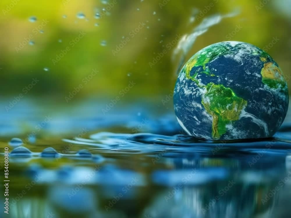 Earth globe surrounded by water elements, theme of environmental protection and saving water, green and blue hues, abstract background Earth globe surrounded by water elements, theme of environmental protection and saving water, green and blue hues, abstract background