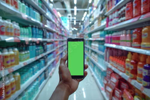 Hand holding a smartphone with a green screen, capturing the vibrant and well-stocked shelves of a busy grocery store.