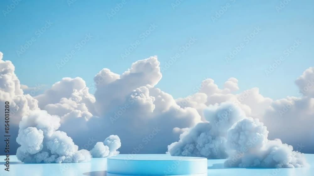Cloud Podium Fluffy, cloudshaped podiums set against a bright blue sky background, perfect for light and airy products like perfumes or skincare items Cloud Podium Fluffy, cloudshaped podiums set against a bright blue sky background, perfect for light and airy products like perfumes or skincare items