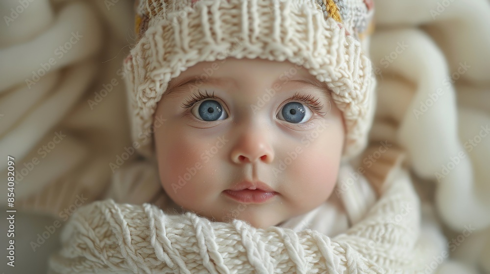 An adorable baby with striking blue eyes is wrapped warmly in a knitted hat and sweater, conveying innocence and warmth An adorable baby with striking blue eyes is wrapped warmly in a knitted hat and sweater, conveying innocence and warmth