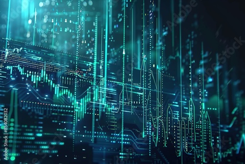 Computer-rendeturquoise animation for stock news with arrowheads and histogram