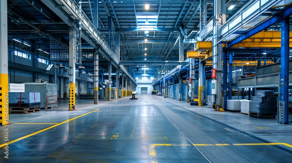 a large warehouse with a long line of yellow and blue poles a large warehouse with a long line of yellow and blue poles