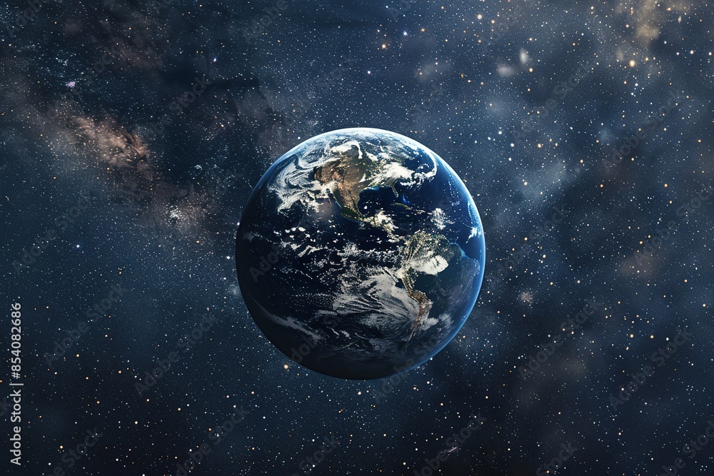 Obraz premium Full view of planet Earth slowly rotating in high quality, with atmosphere and starry background.