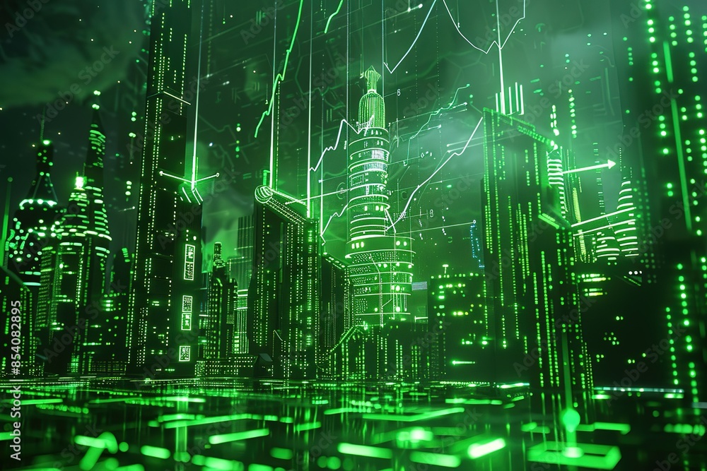 Futuristic hi tech, mechanical technology skyline with a chart on neon green city background - 3D motion graphics animation Futuristic hi tech, mechanical technology skyline with a chart on neon green city background - 3D motion graphics animation