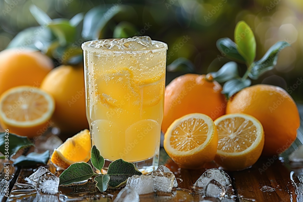 Fotografie Lemonade with ice in a pitcher and glass on a wooden table with fruit and crushe