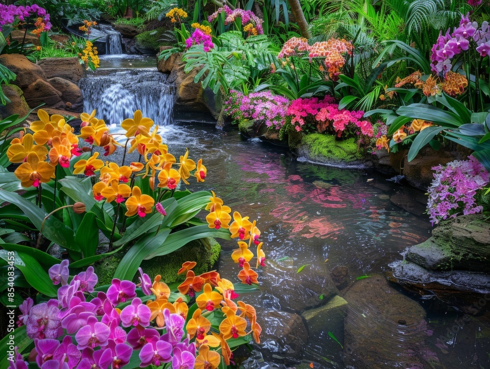 Obraz premium Beautiful tropical orchid garden with an array of colorful orchids in full bloom, lush green foliage, and tranquil water features reflecting the vibrant colors 