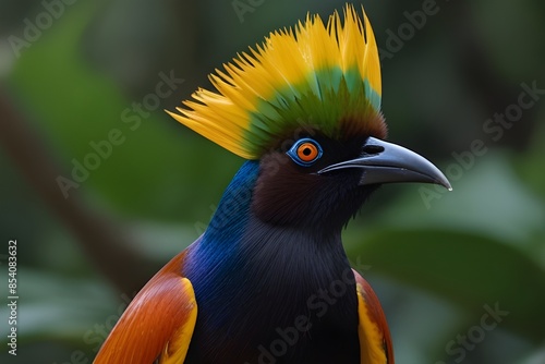 A close-up of a crown bird resting on a rainforest limb, displaying its colorful plumage and exquisite crown feathers. Majestic multicolored bird with a regal crown on its head in vivid hues   © Qazi Arts