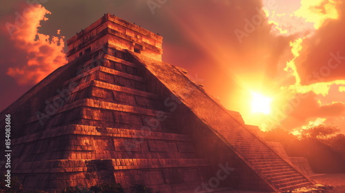 ancient Mayan pyramid rising majestically against a vibrant sunset sky photo