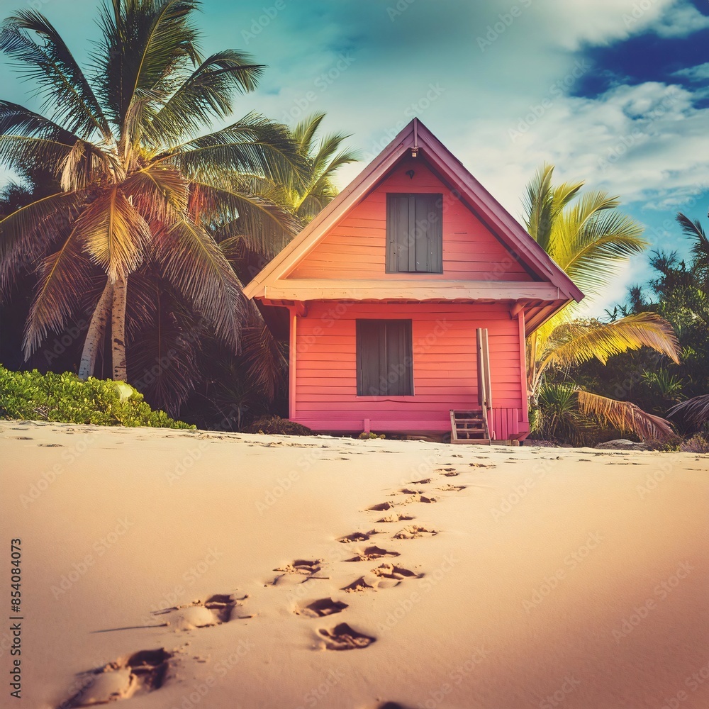 Obraz premium Golden light illuminating footprints from ocean to pink beach hut among palm trees on tropical island, exuding idyllic, peaceful atmosphere for relaxing getaway
