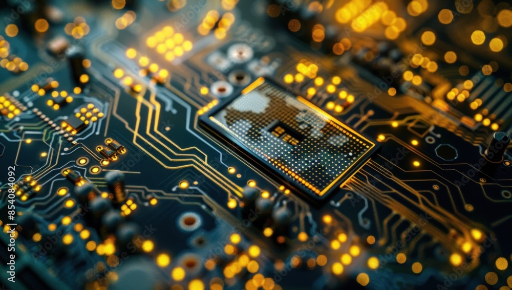 A close up of a computer chip with a yellow glow. Generate AI image A close up of a computer chip with a yellow glow. Generate AI image