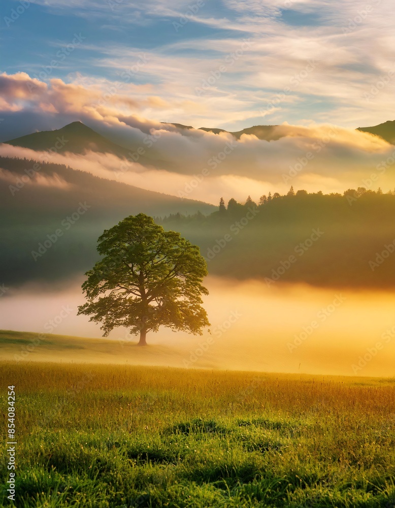 Obraz premium Lone tree is standing on a meadow at sunrise. The fog is covering the valley and the first rays of sun are illuminating the landscape